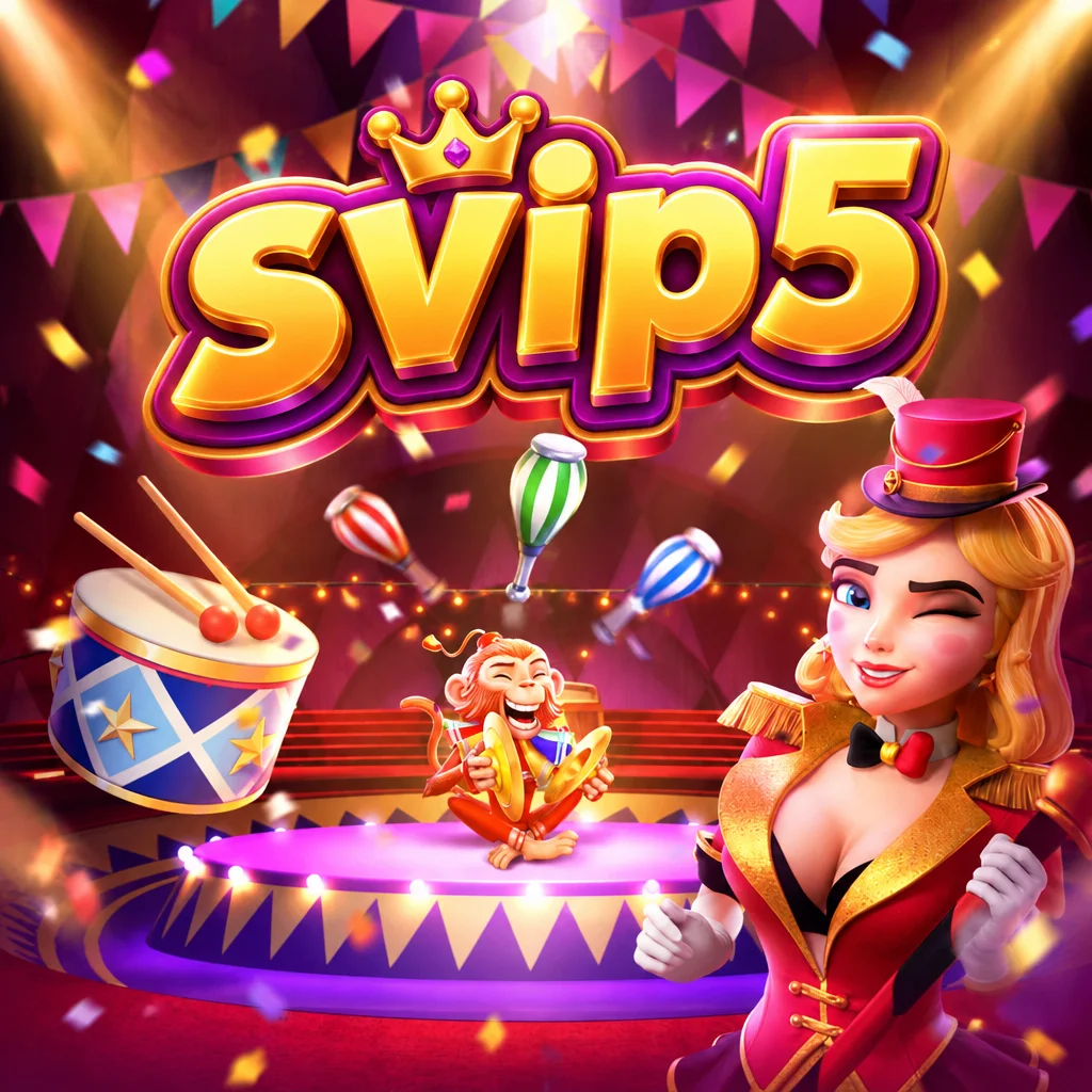 Logo svip5 dengan latar atraksi sirkus Circus Delight menampilkan ringmaster wanita dan monyet pemukul simbal