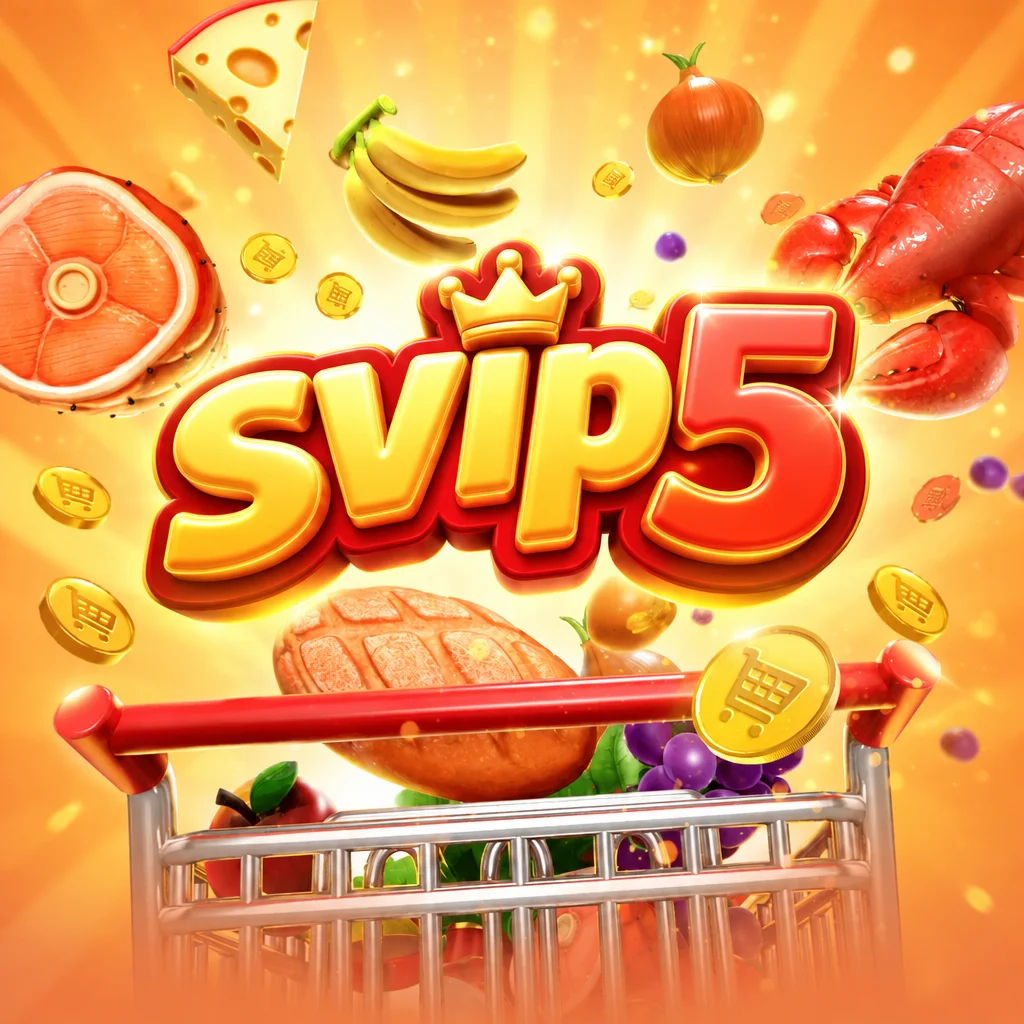 Logo svip5 dengan keranjang belanja penuh makanan dan koin emas pada tema Sprmkt Spree